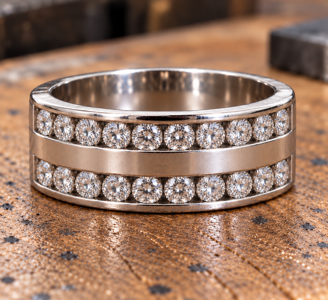 Channel and grain set diamond ring