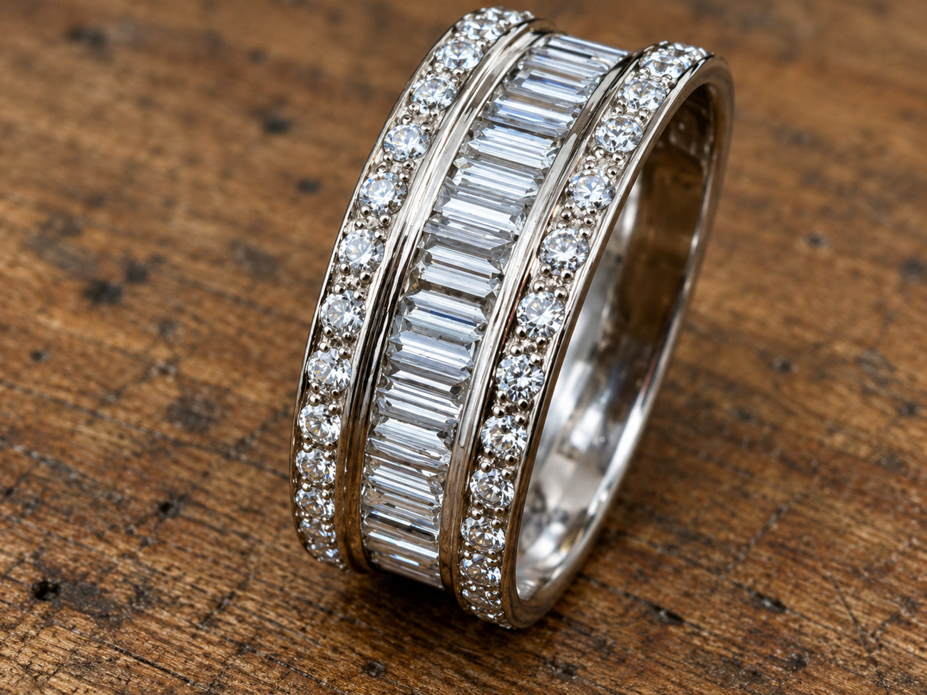 Baguette diamond channel set, grain set brilliant cuts